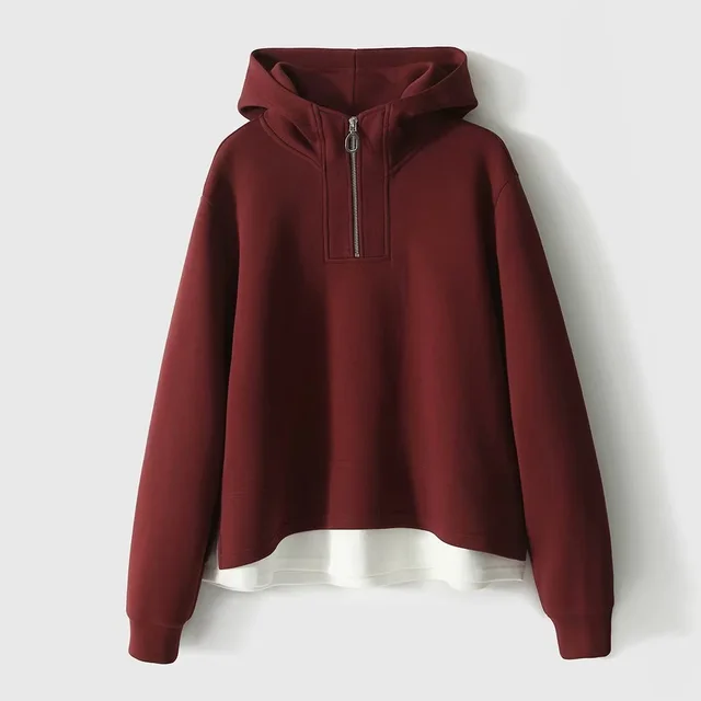 Fake Two piece Air Layer Casual Half Loose Zip Top Wine Red - Shop at LoveMi