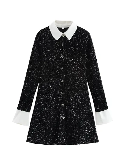 Sequin Cinched Patchwork Contrast Color Button Long Sleeve Mid length Dress Black - Shop at LoveMi