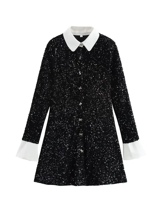 Sequin Cinched Patchwork Contrast Color Button Long Sleeve Mid length Dress Black - Shop at LoveMi