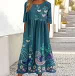 Blue Floral And Bird Embroider Art Print Round Neck Loose Maxi Dress - Blue