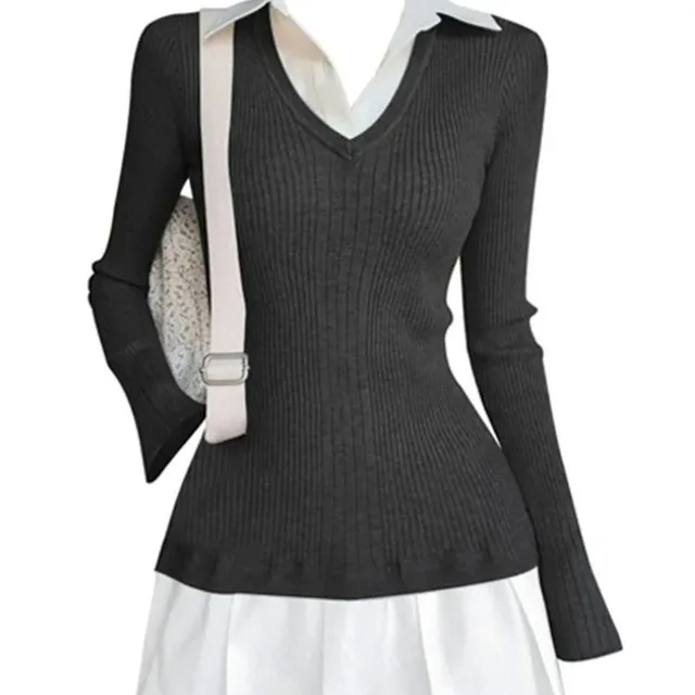 Autumn And Winter Preppy Style Fake Two piece Mini Knitted Shirt Black - Shop at LoveMi
