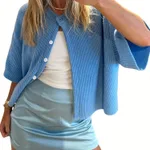 Women's Solid Colour Short-sleeved Cardigan Round Neck Button - Blue