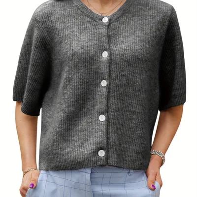 Women's Solid Color Short sleeved Cardigan Round Neck Button Darkgray - Shop at LoveMi