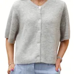 Women's Solid Color Short-sleeved Cardigan Round Neck Button - Grey