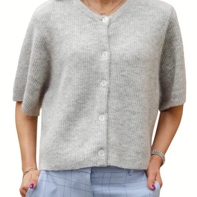 Women's Solid Color Short sleeved Cardigan Round Neck Button Lightgrey - Shop at LoveMi