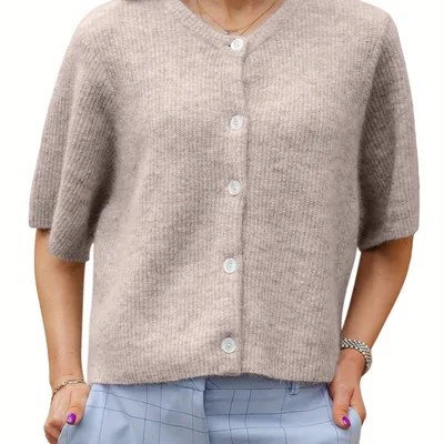 Women's Solid Color Short sleeved Cardigan Round Neck Button Palepinkishgray - Shop at LoveMi