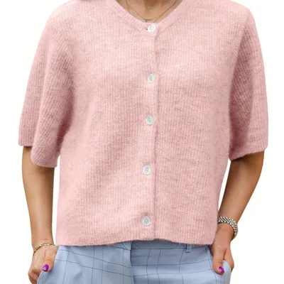 Women's Solid Color Short sleeved Cardigan Round Neck Button Pinkcolor - Shop at LoveMi