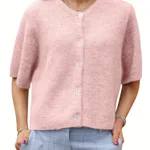 Women's Solid Color Short-sleeved Cardigan Round Neck Button - Pinkcolor