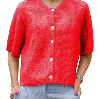Women's Solid Color Short sleeved Cardigan Round Neck Button Red - Shop at LoveMi