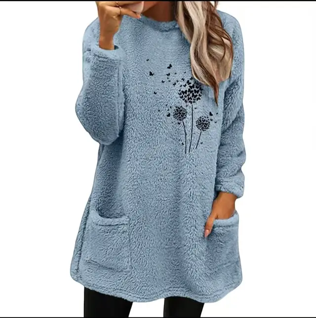 Plant Print Double sided Velvet Pocket Round Neck Sweater Light Blue - Shop at LoveMi