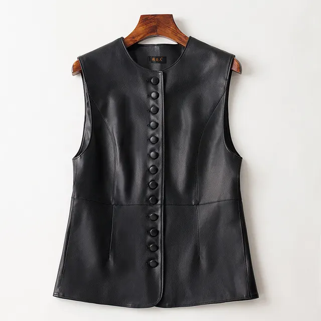 Leather Round Neck Sleeveless Vest Waistcoat Jacket Black - Shop at LoveMi