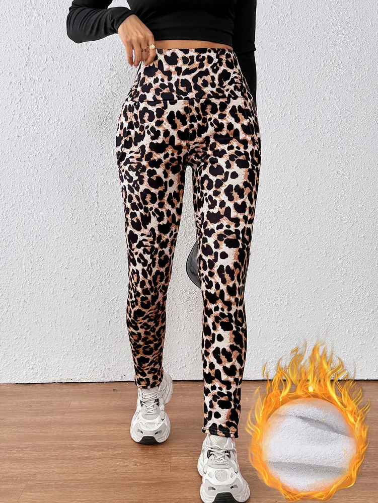 Leopard Print Cashmere Leggings High Waist Slimming And Velvet Padded Warm Side Pocket Color - Shop at LoveMi
