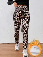 Leopard Print Cashmere Leggings High Waist Slimming And Velvet Padded Warm Side Pocket - Color - View 1