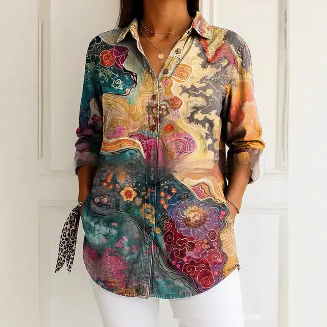 3D Printed Long Sleeve All match Loose Button Shirt Top Floral 1 - Shop at LoveMi