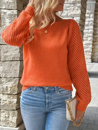 Hollow-out Long-sleeved Off-shoulder Pullover Sweater Top - Orange Red