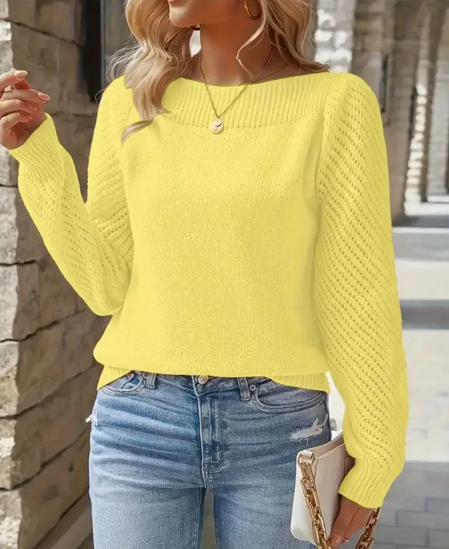 Hollow out Long sleeved Off shoulder Pullover Sweater Top Yellow - Shop at LoveMi