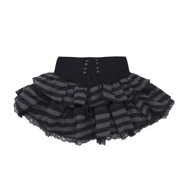Striped Lace up Hooded Cat Ears Long Sleeve T shirt High Waist Lace Cake Dress Suit Short Skirt - Shop at LoveMi
