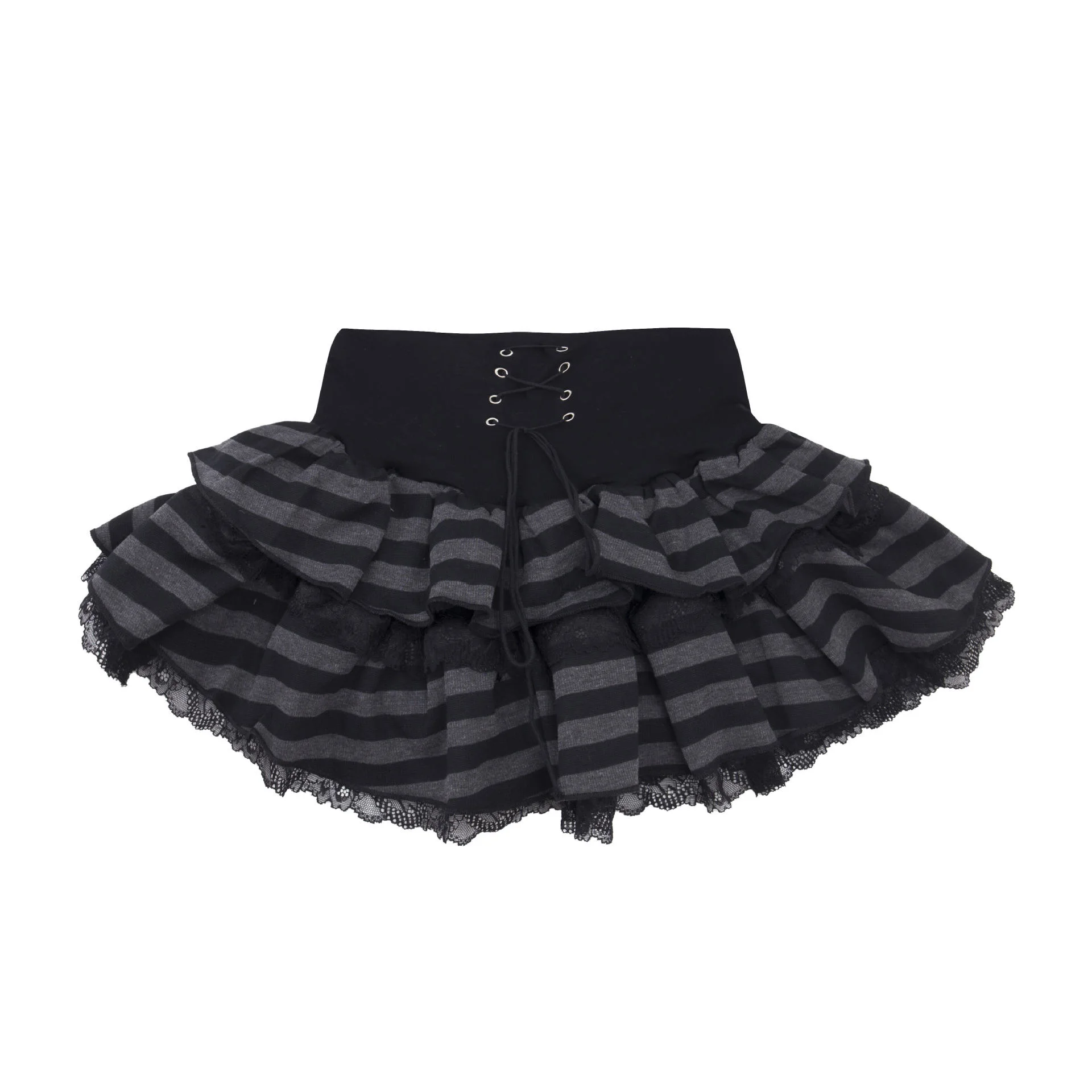 Striped Lace-up Hooded Cat Ears Long Sleeve T-shirt High Waist Lace Cake Dress Suit - Short Skirt - View 1