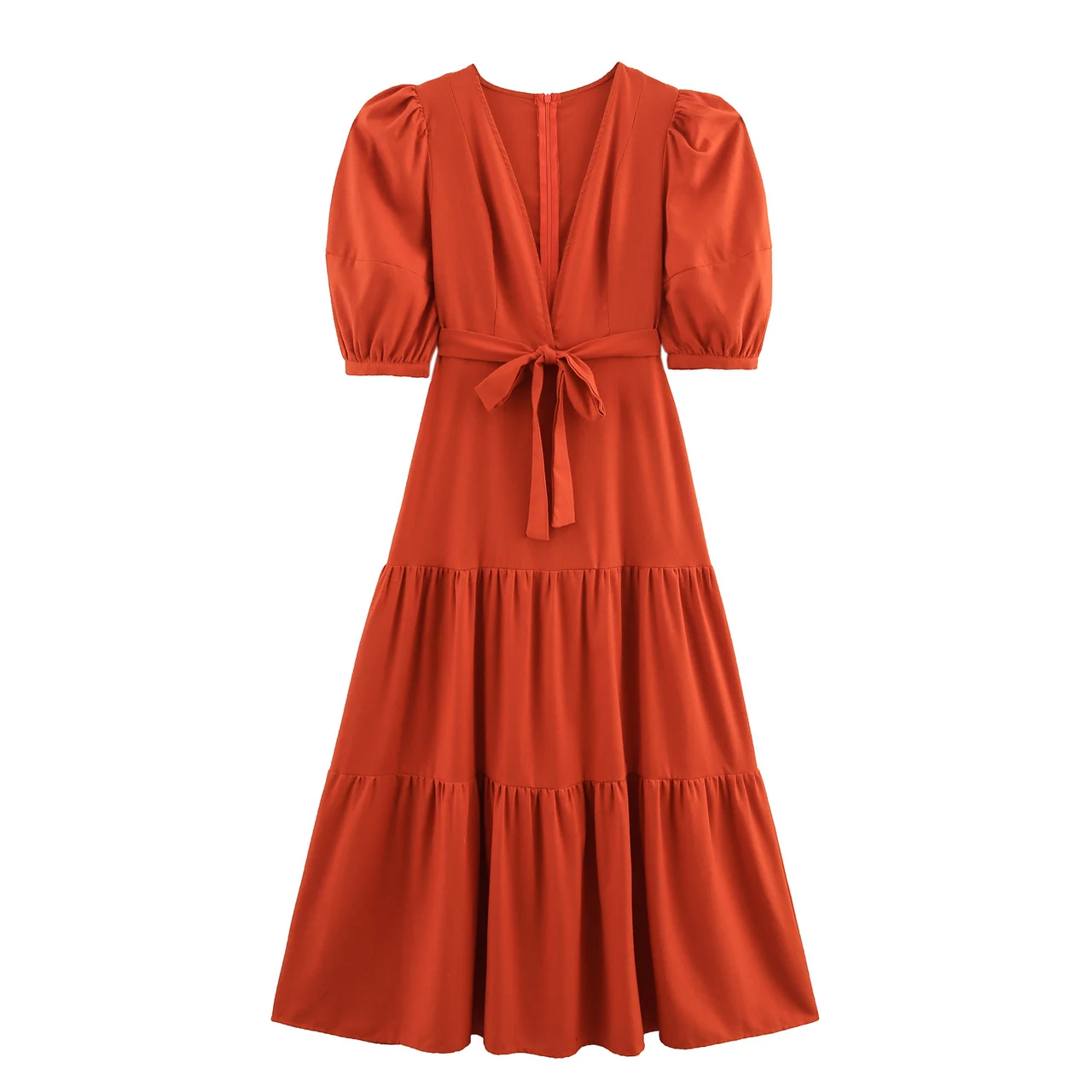 V-neck Elegant Stitching Short Sleeve Dress Tight Waist French Style - Orange Red - View 1