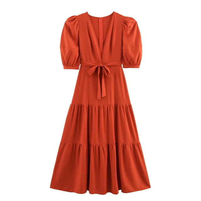 V neck Elegant Stitching Short Sleeve Dress Tight Waist French Style Orange Red - Shop at LoveMi