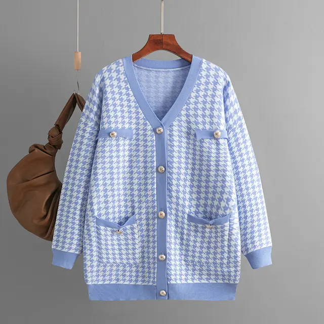 Women's Loose V neck Houndstooth Long Sleeve Knitted Light Blue - Shop at LoveMi