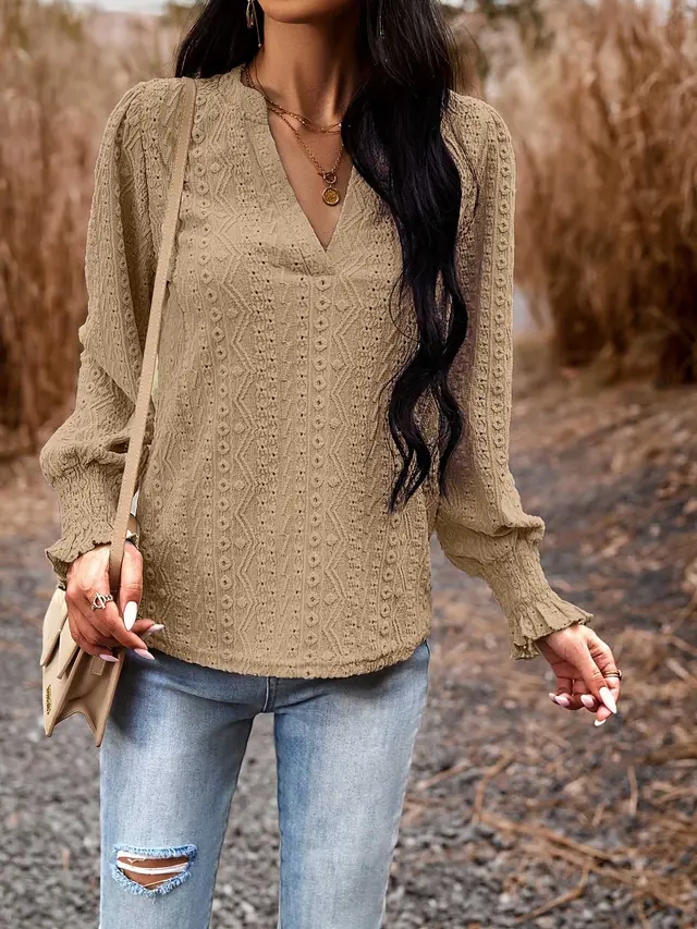 Temperament Commute Long Sleeve V neck Smocking Top Khaki - Shop at LoveMi