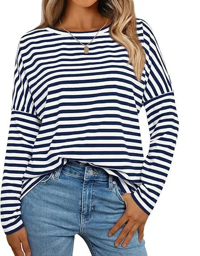 Women's Long sleeved Round Neck T shirt Striped Contrast Color Blue Stripes - Shop at LoveMi