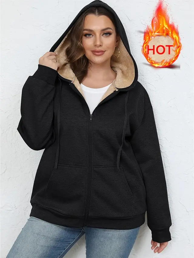 Warm Plush Hoodie Coat Women's Zipper Black - Shop at LoveMi
