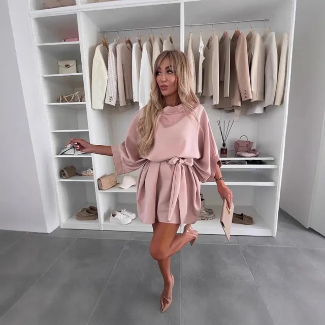 Round Neck Tied Casual Temperament Dress Women Pink - Shop at LoveMi