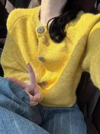Loose Knitted Cardigan Women Wear Lazy Sweater Coat - Yellow