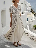 Women's Large Loose Striped Print Dress - White