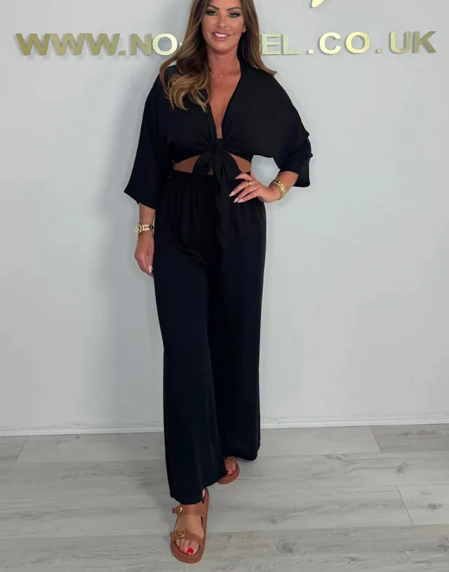Pure Color Tied Shirt High Waist Straight Casual Black - Shop at LoveMi