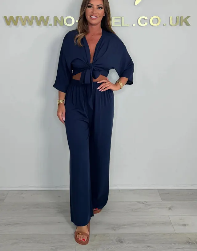 Pure Color Tied Shirt High Waist Straight Casual Navy Blue - Shop at LoveMi