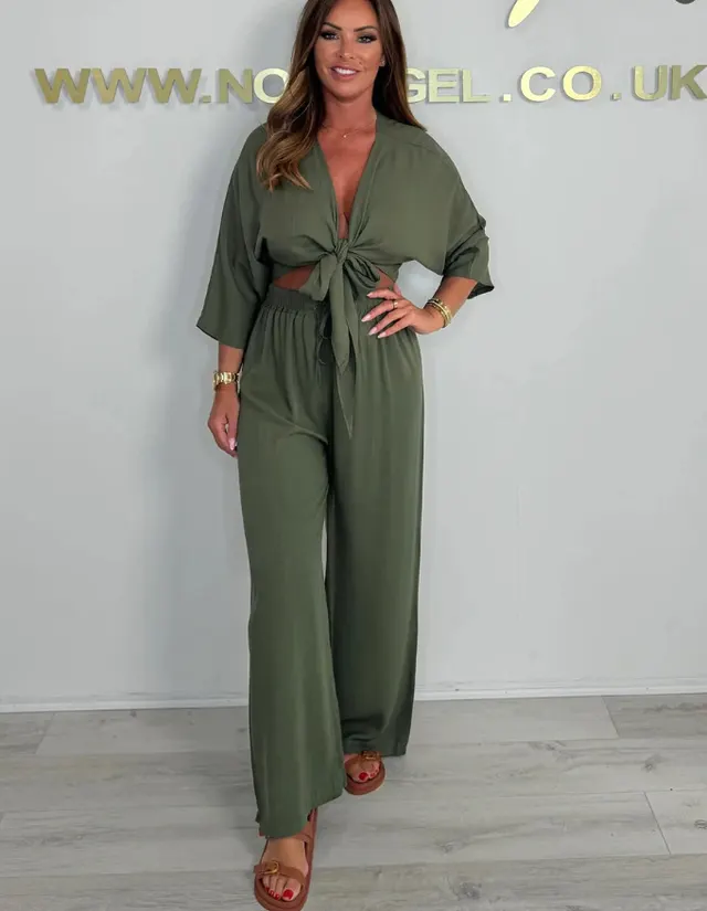 Pure Color Tied Shirt High Waist Straight Casual Olive Green - Shop at LoveMi