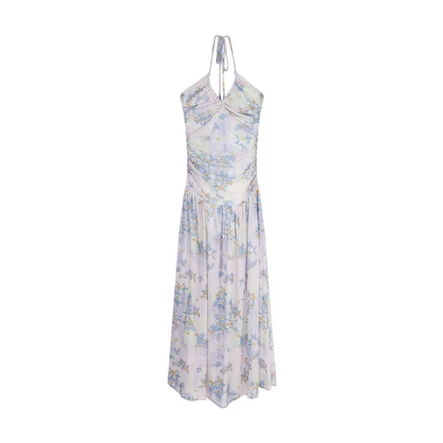 Tea Break French Purple Floral V neck Halter Sling Dress - Shop at LoveMi