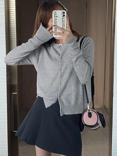 Gray Knitted Cardigan Women's Autumn Outerwear High grade Sweater Coat Gray - Shop at LoveMi