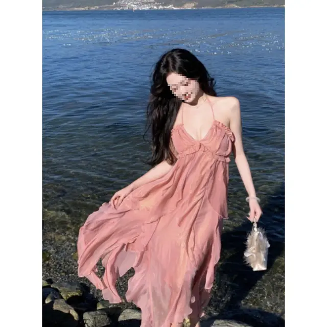 Sexy Backless Halter Suspender Skirt Women's Seaside Pink - Shop at LoveMi