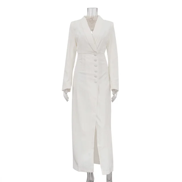 V neck Long Sleeve High Waist Slit French Dress White - Shop at LoveMi