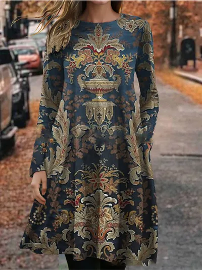 European And American Summer 3D Printing Dress Floral Round Neck Long Sleeve Floral - Shop at LoveMi