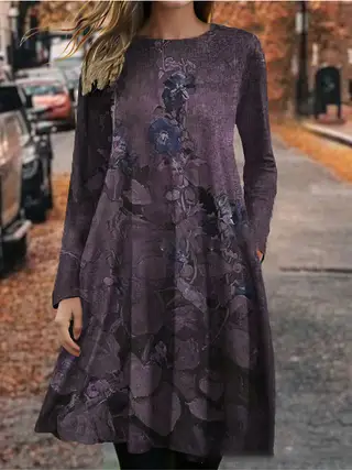 European And American Summer 3D Printing Dress Floral Round Neck Long Sleeve - Type C - View 1