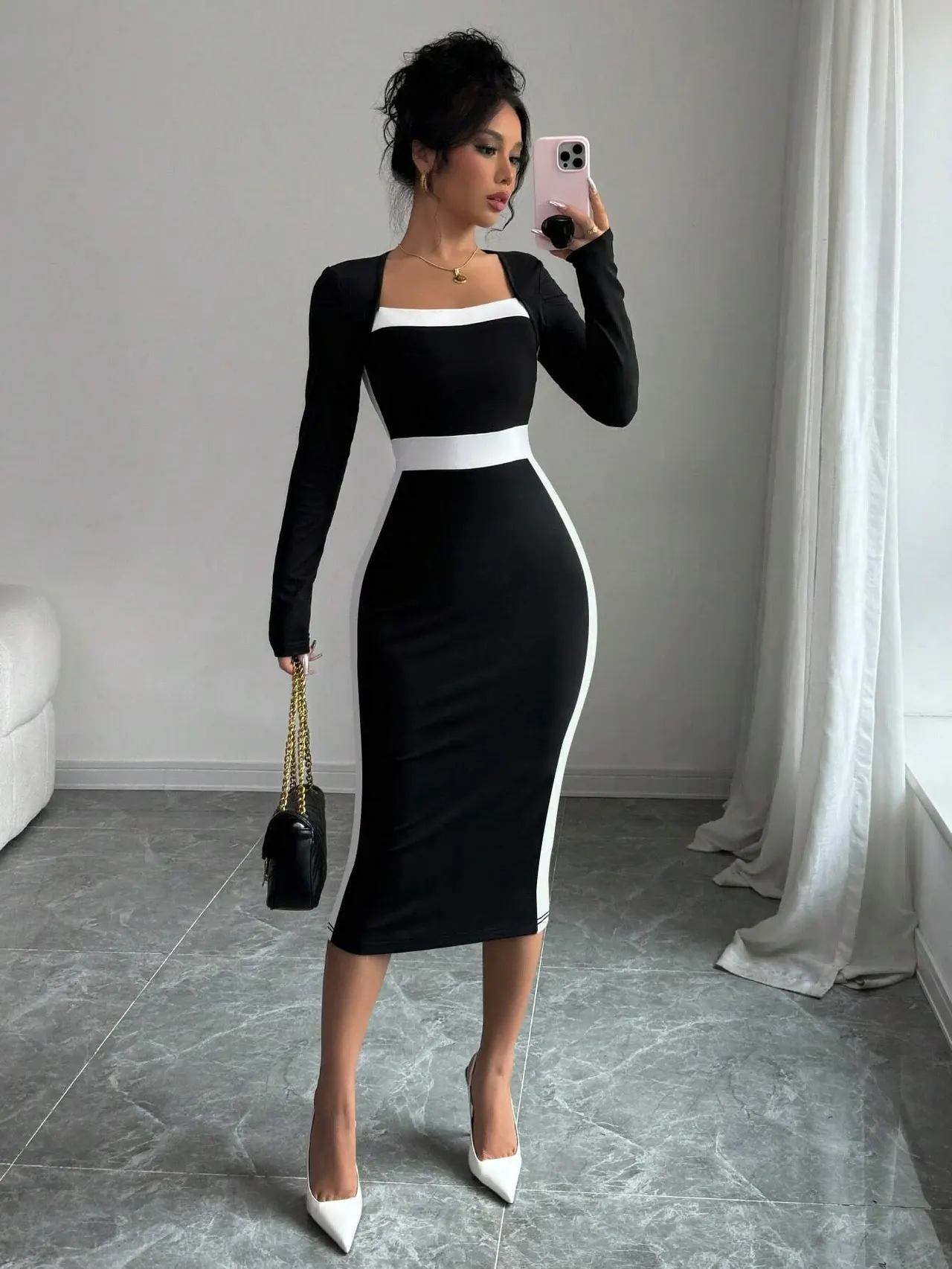 Women's Fashion Elegant Slim Fit Square Collar Long Sleeve Narrow Stitching Temperament Dress - Black