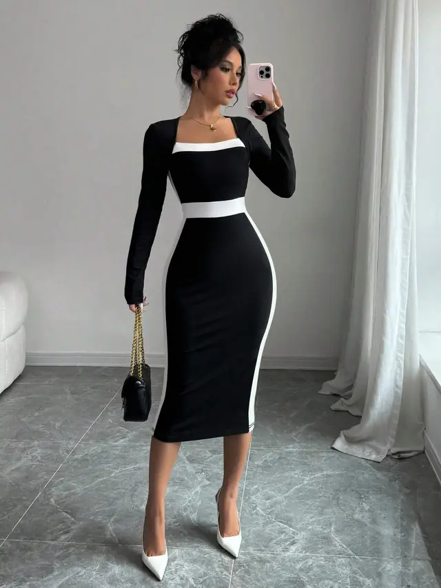 Women's Fashion Elegant Slim Fit Square Collar Long Sleeve Narrow Stitching Temperament Dress Black - Shop at LoveMi