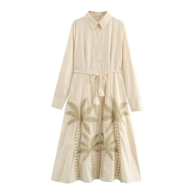 Embroidered Shirt Collar With Belt Loose Long Dress Apricot Beige - Shop at LoveMi