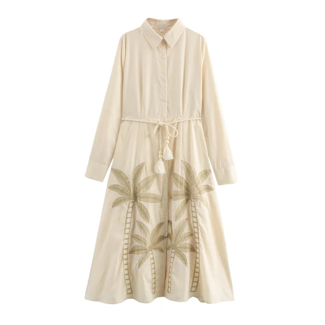 Embroidered Shirt Collar With Belt Loose Long Dress Apricot Beige - Shop at LoveMi