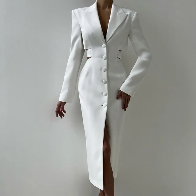 Hollow out Midriff Single breasted Long Sleeve Business Suit And Dress White - Shop at LoveMi