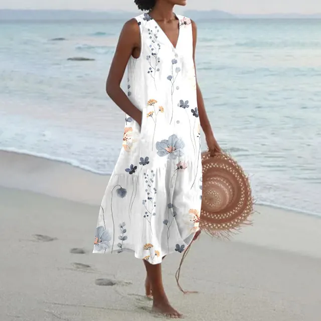 V neck Temperament Commute Trendy Dress Loose Waist Multi color Printing 4 - Shop at LoveMi