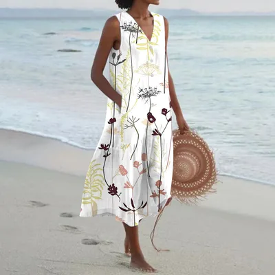 V neck Temperament Commute Trendy Dress Loose Waist Multi color Printing 5 3Xl - Shop at LoveMi