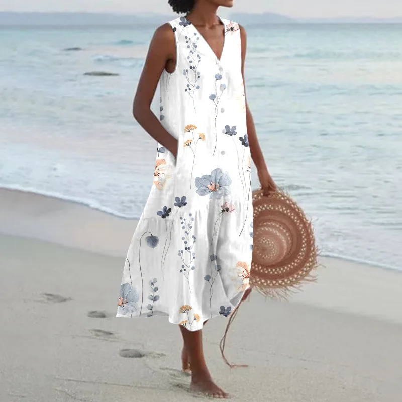 V-neck Temperament Commute Trendy Dress Loose Waist Multi-colour - Printing 5 - View 1