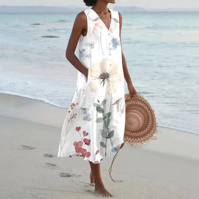 V neck Temperament Commute Trendy Dress Loose Waist Multi color Printing 7 - Shop at LoveMi