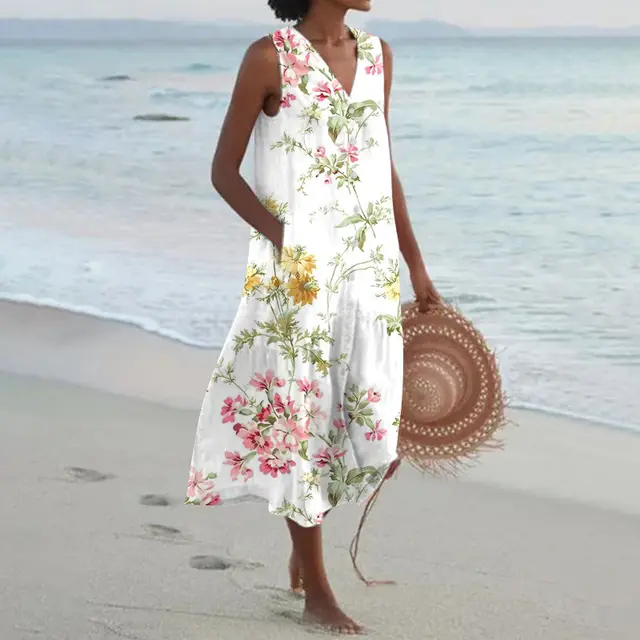 V neck Temperament Commute Trendy Dress Loose Waist Multi color Printing 8 - Shop at LoveMi